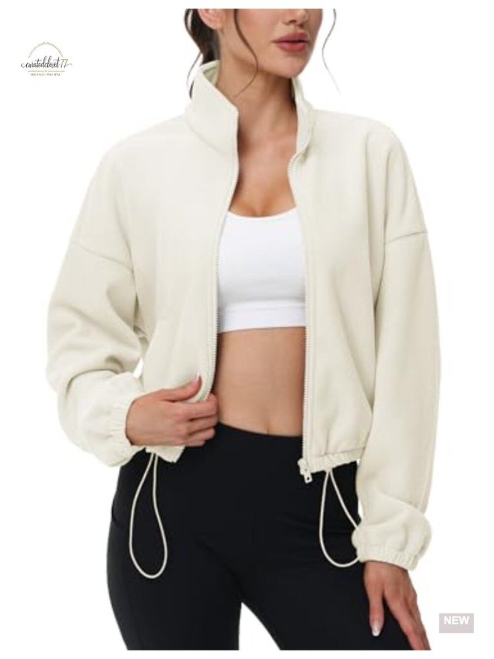 Cropped Fleece Jacket Full Zip Long Sleeve Stand Collar Drawstring Hem Pockets